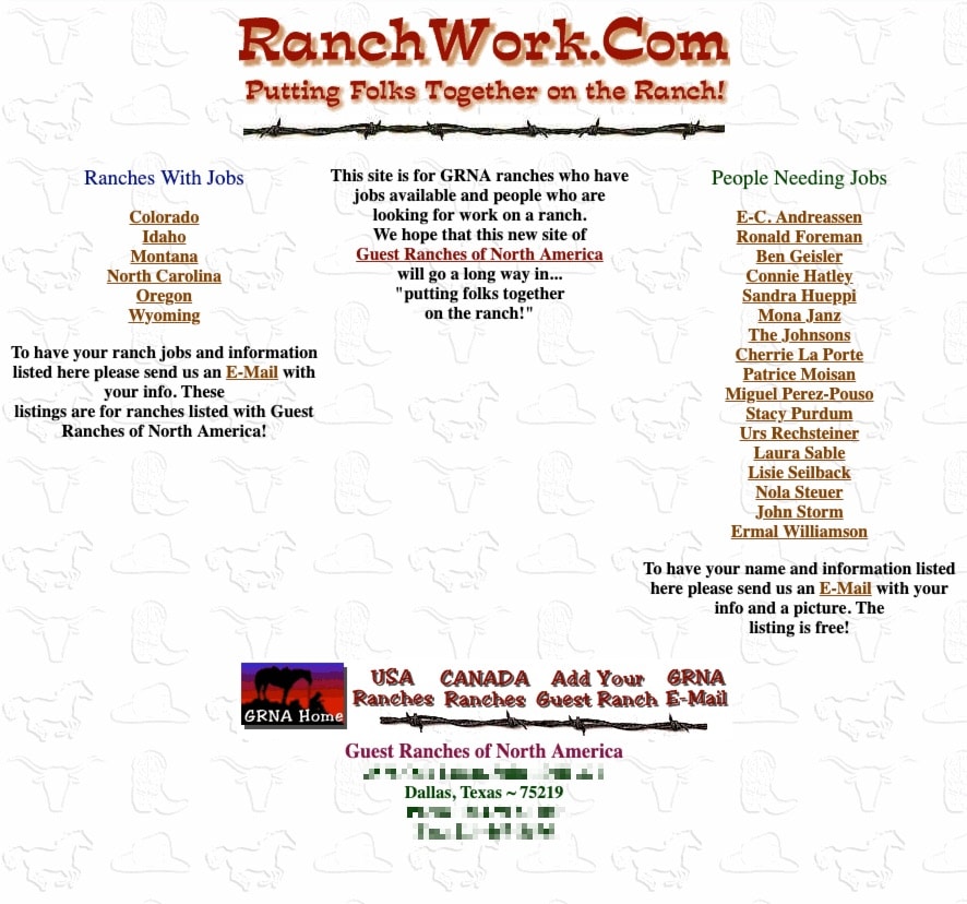 1998 screenshot of RanchWork.com website